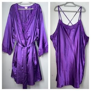 Amoureuse Plus Sz 5X Purple Satin Lingerie Slip Peignoir Robe Set Dark Romantic